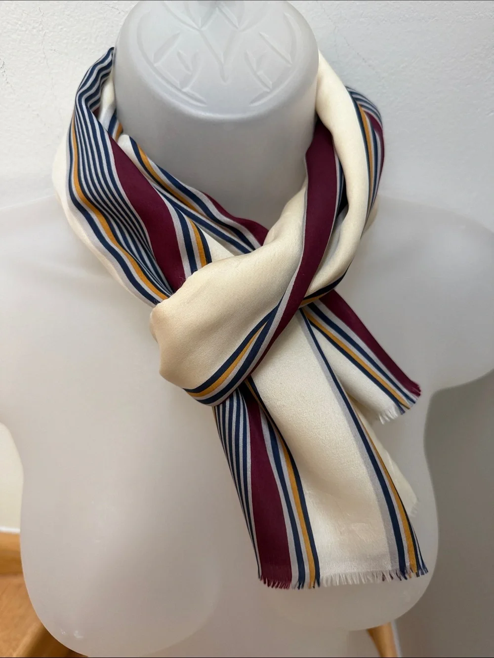 VTG Silk w/Wool lining Striped Opera Double-face Scarf Cream & Burgundy 1970s